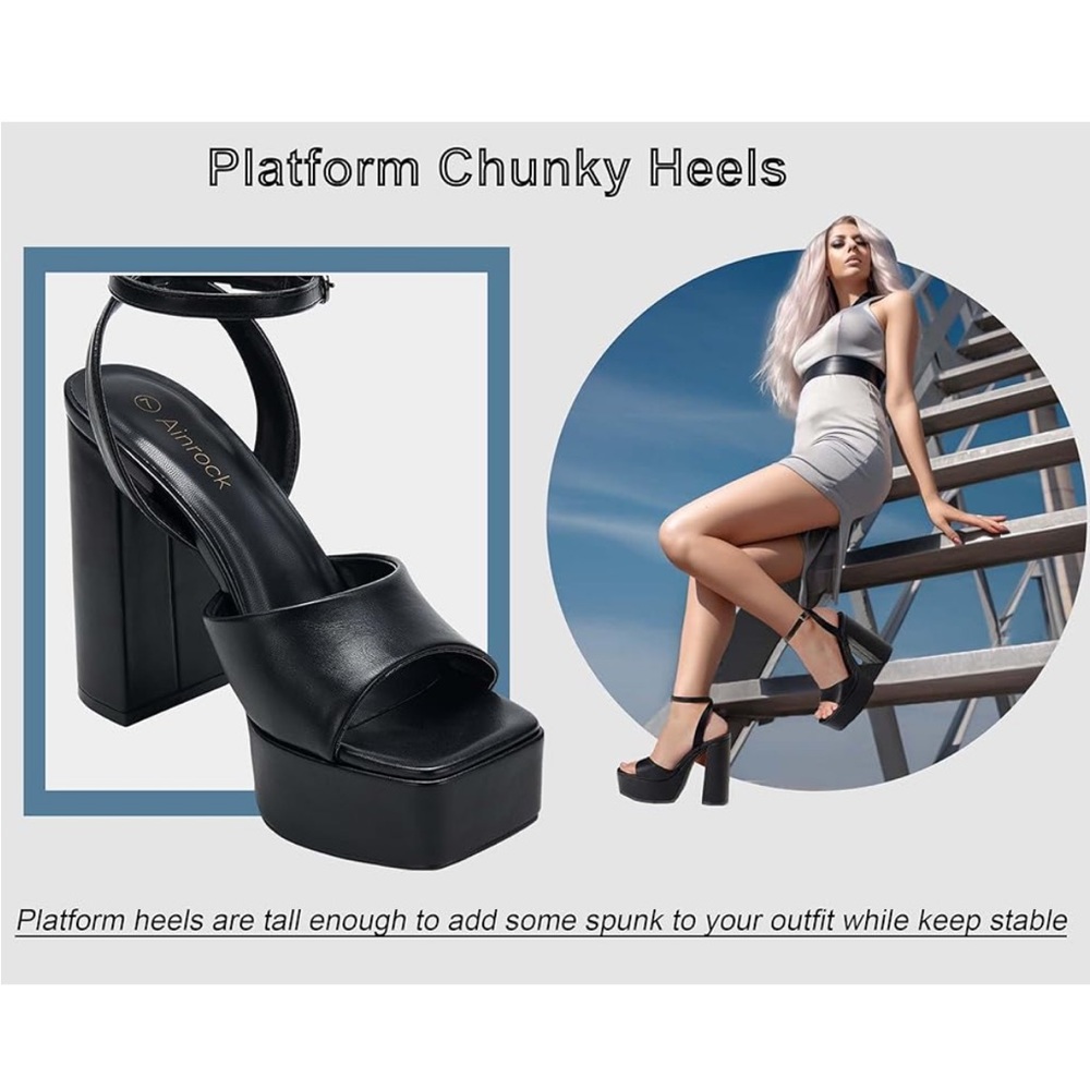Platform Heels Chunky Heel Sandals Square Toe - Picture 8 of 16
